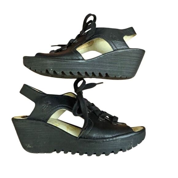 FLY London Yifi Black Leather Lace Up Wedge Sandals Size 40 = US 9 - 9.5 - Picture 3 of 8